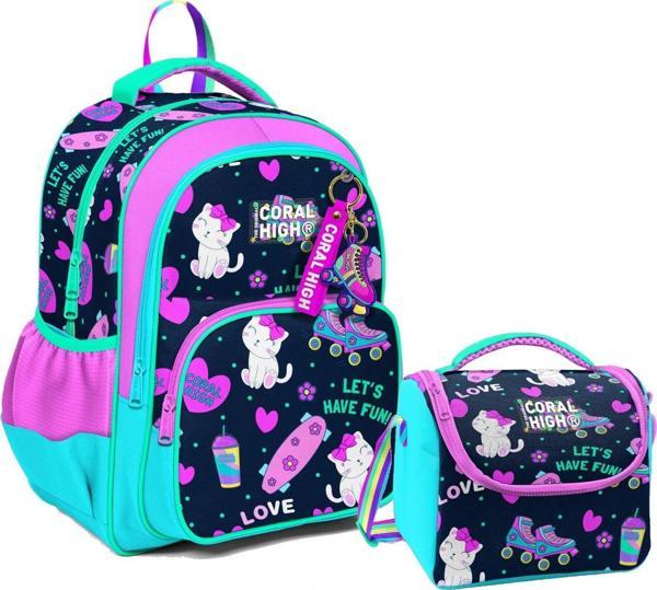 Coral High Üç Gözlü İlkokul Çantası ve Beslenme Çantası - Lacivert Pembe Kedili Desenli - Kız Çocuk - Image 1