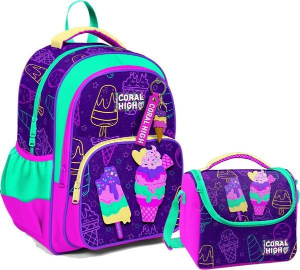 Coral High Üç Gözlü İlkokul Çantası ve Beslenme Çantası - Mor Pembe Dondurma Desenli - Kız Çocuk - Image 1
