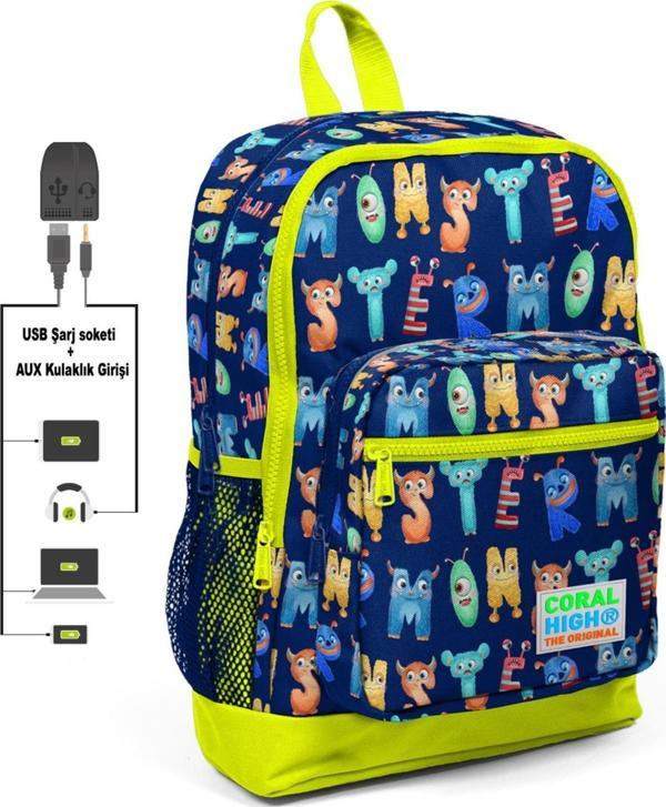 Coral High Sevimli Harfler Baskılı İlkokul ve Günlük Sırt Çantası - Erkek Çocuk - USB ve AUX Soketli - Image 1
