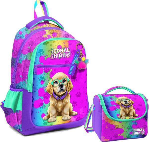 Coral High Üç Gözlü İlkokul Çantası ve Beslenme Çantası - Mor Pembe Köpek Desenli - Kız Çocuk - Image 1