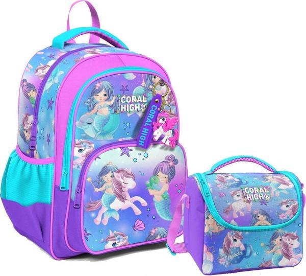 Coral High Üç Gözlü İlkokul Çantası ve Beslenme Çantası - Mor Pembe Unicorn Desenli - Kız Çocuk - Image 1