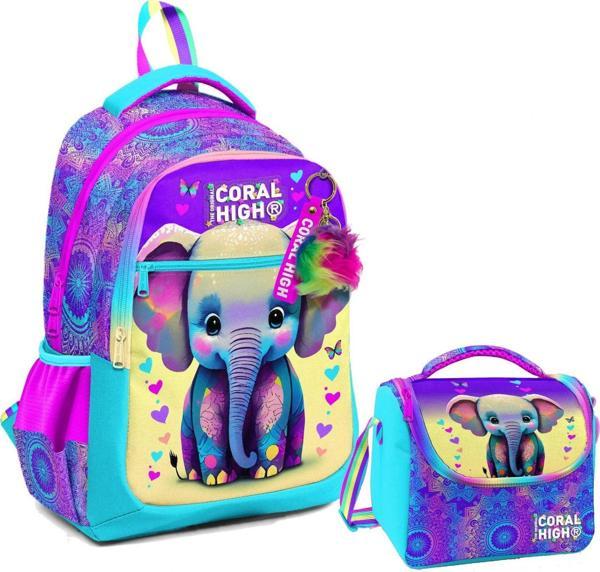 Coral High Üç Gözlü İlkokul Çantası ve Beslenme Çantası - Pembe Turkuaz Fil Desenli - Kız Çocuk - Image 1
