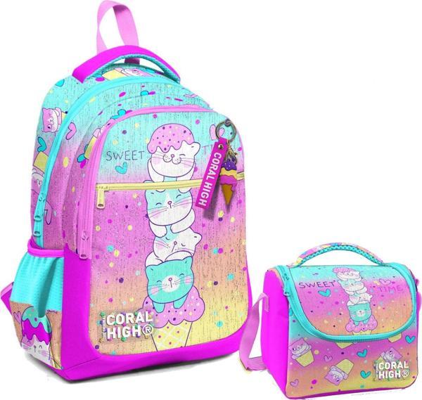 Coral High Üç Gözlü İlkokul Çantası ve Beslenme Çantası - Renkli Dondurmalı Kedi Desenli - Kız Çocuk - Image 1