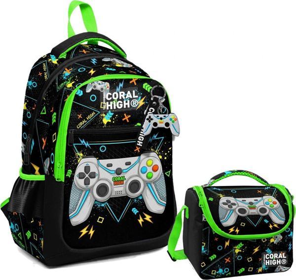 Coral High Üç Gözlü İlkokul Çantası ve Beslenme Çantası - Siyah Fosforlu Yeşil Gamer Desenli - Erkek Çocuk - Image 1