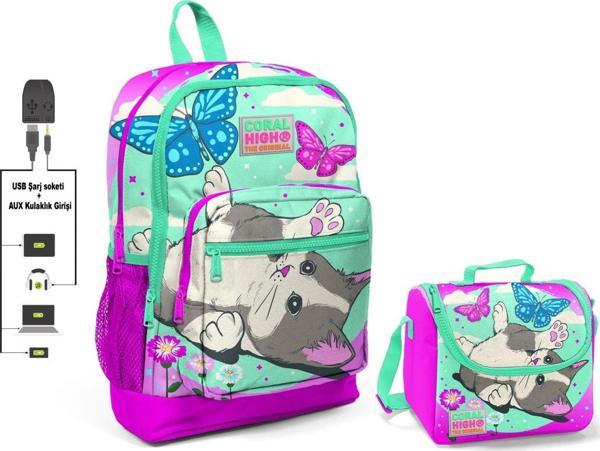 Coral High Sevimli Kedi ve Kelebek Okul Çantası ve Beslenme Çantası Seti - Kız Çocuk - USB Soketli - Image 1