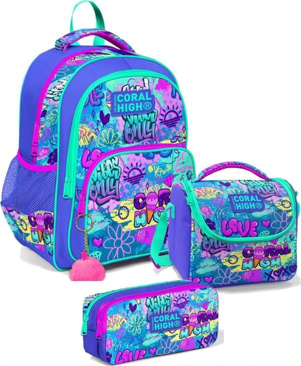 Coral High Üç Gözlü İlkokul Sırt Çantası Seti Lavanta Yeşil Pembe Grafiti Kız Çocuk - Image 1
