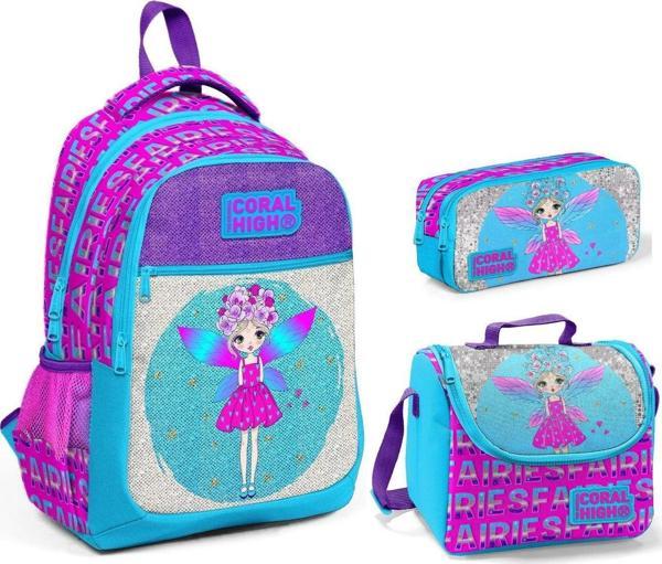 Coral High Simli Parlayan Peri Kız İlkokul Çantası Takımı - Okul Seti - Image 1