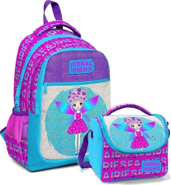 Coral High Simli ve Parlak Okul Çantası ve Beslenme Seti - Kız Çocuk Mavi Kız Peri - Image 1