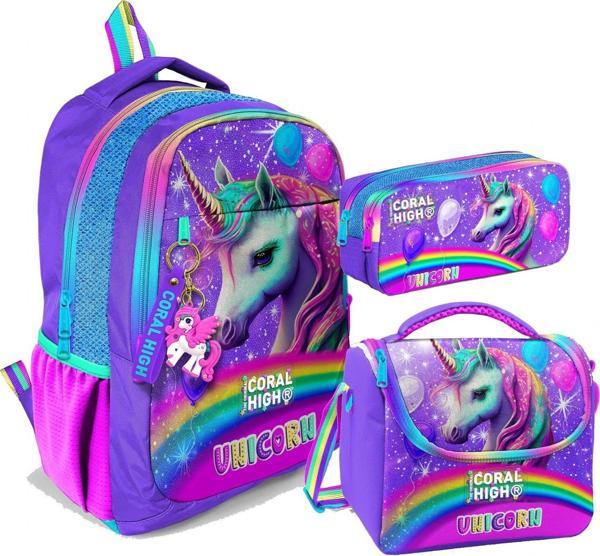 Coral High Üç Gözlü İlkokul ve Ortaokul Çanta Seti - Kız Çocuk - Mor Simli Unicorn Desenli - Image 1