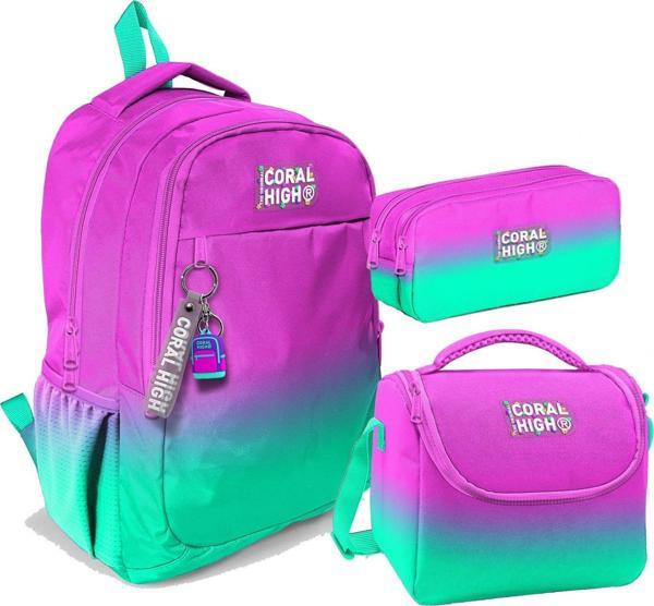 Coral High Üç Gözlü İlkokul ve Ortaokul Çanta Seti - Kız Çocuk - Pembe Su Yeşili Renk Geçişli Desenli - Image 1