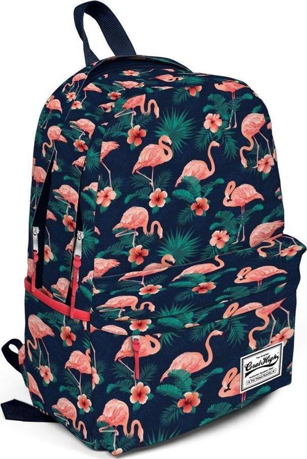 Coral High Üç Gözlü Yeşil-Pembe Flamingo Desenli Okul ve Günlük Sırt Çantası - 15,6 inc Laptop Bölmeli - Image 1