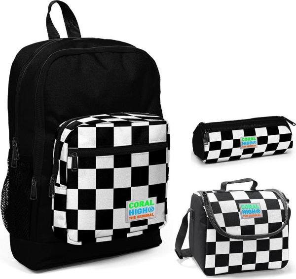 Coral High Siyah Damalı Erkek Çocuk 3'lü İlkokul Çanta Seti - Image 1
