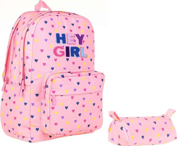 Kaukko Pembe Kalp Hey Gir Okul Sırt Çantası ve Kalemlik Seti - Kız Çocuk - Image 1