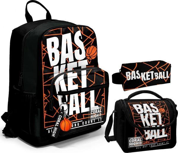 Coral High Üçlü İlk ve Ortaokul Okul Çanta Seti - Siyah Basketbol - Erkek Çocuk - Image 1