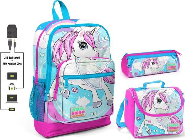 Coral High Unicorn Baskılı Kız Çocuk İlkokul Çanta Seti - USB Çıkışlı - Image 1