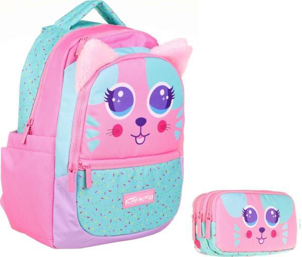 Kaukko Yeşil Pembe Sevimli Kedi Okul Sırt Çantası ve Kalemlik Seti - Kız Çocuk - Image 1