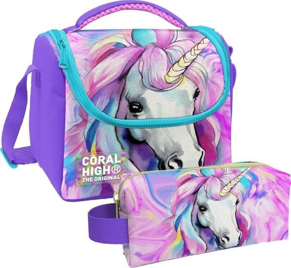 Coral High Unicorn Desenli Kız Çocuk Isı Yalıtımlı Beslenme Çantası ve Kalemlik Seti - Image 1