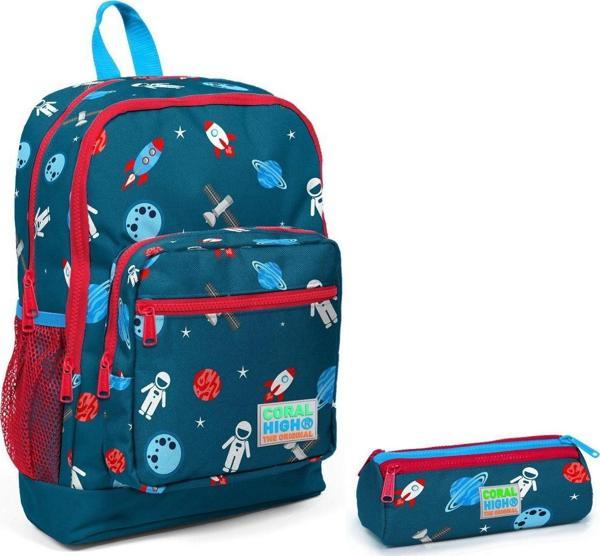 Coral High Astronot Baskılı Erkek Çocuk Sırt Çantası ve Kalem Çantası Seti - Mavi/Kırmızı - Image 1