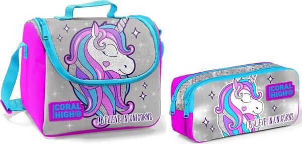 Coral High Beslenme Çantası ve Kalemlik Takım - Gri - Pembe - Unicorn - Kız Çocuk - Image 1