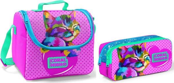 Coral High Beslenme Çantası ve Kalemlik Takım - Pembe - Sevimli Kedi - Kız Çocuk - Image 1
