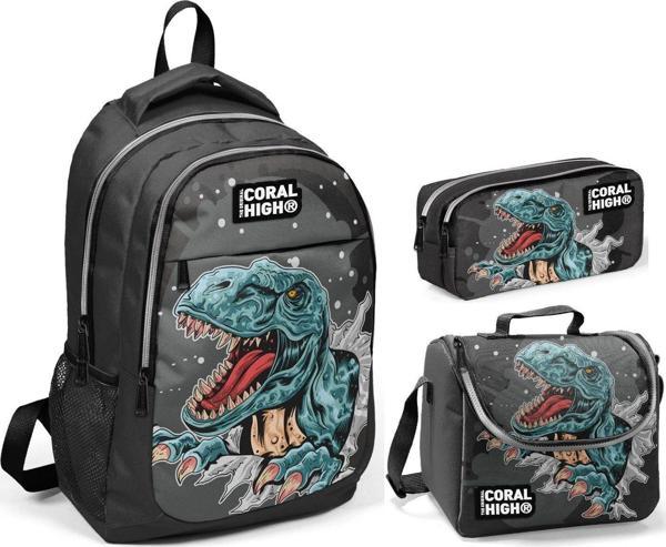 Coral High Dinazor Baskılı Erkek Çocuk İlkokul Çanta Seti - Sırt Çantası+Beslenme+Kalemlik - Image 1