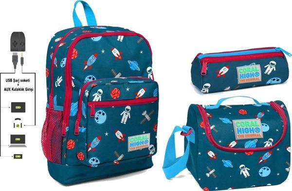 Coral High USB ve AUX Çıkışlı Okul Çanta Seti - Erkek Çocuk - Mavi Astronot Baskılı - Image 1