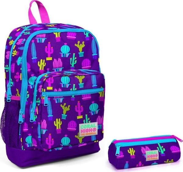 Coral High Kaktüs Baskılı Kız Çocuk İlkokul Sırt Çantası ve Kalemlik Seti - Image 1