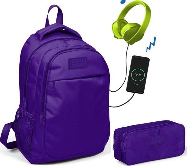 Coral High Kids Mor Kız Çocuk İlkokul Çantası ve Kalemlik Seti - USB Soketli - Image 1