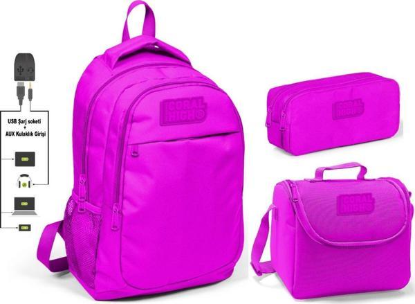 Coral High Kız Çocuk Koyu Pembe 3'lü Çanta Takımı - USB Soketli - Image 1