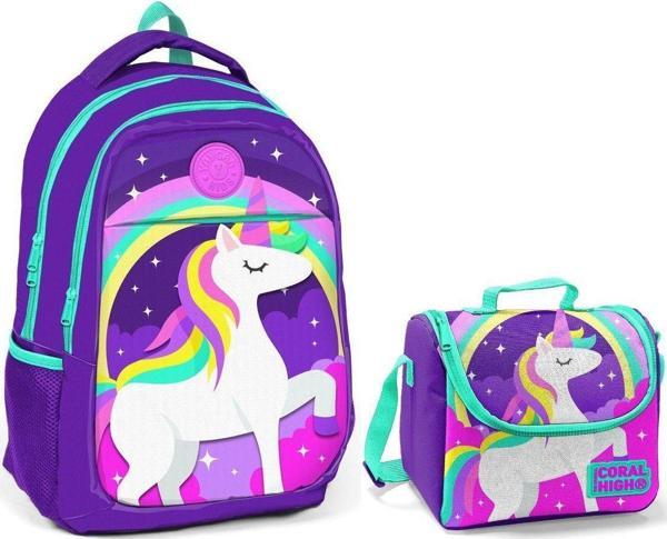 Coral High Kız Çocuk Mavi Unicorn Okul Sırt Çantası ve Beslenme Çantası - Image 1