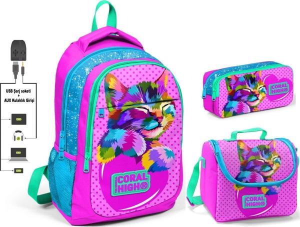 Coral High Kız Çocuk Pembe Sevimli Kedi 3'lü Çanta Takımı - USB Soketli - Image 1