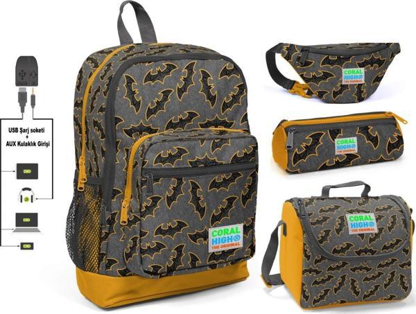 Coral High Yarasa Baskılı 4'lü Erkek Çocuk İlkokul Çanta Seti - USB Soketli - Image 1