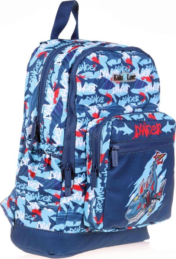 Kaukko Kids&Love Erkek Çocuk Mavi Köpekbalığı İlkokul Okul Sırt Çantası - Dört Gözlü - Image 1