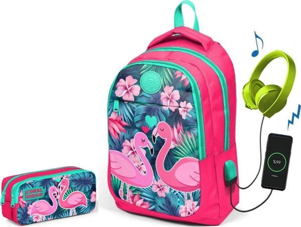 Coral High Narçiçeği Flamingo Kız Çocuk İlkokul Çantası ve Kalemlik Seti - USB Soketli - Image 1
