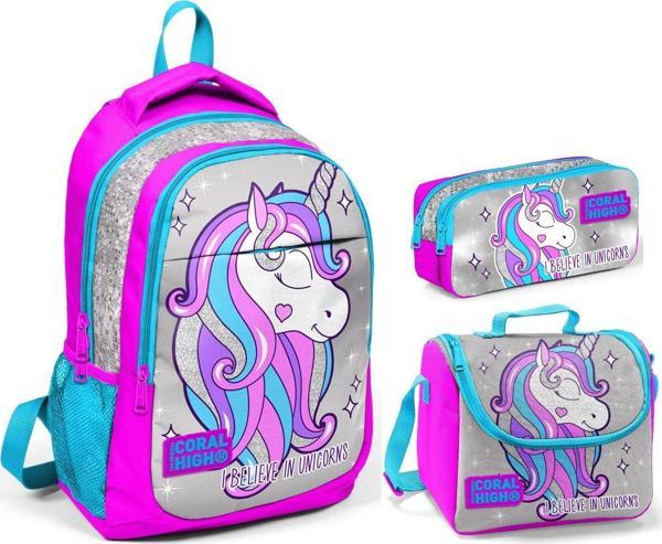 Coral High Pembe Gri Unicorn Kız Çocuk İlkokul Çanta Seti - Sırt Çantası+Beslenme+Kalemlik - Image 1