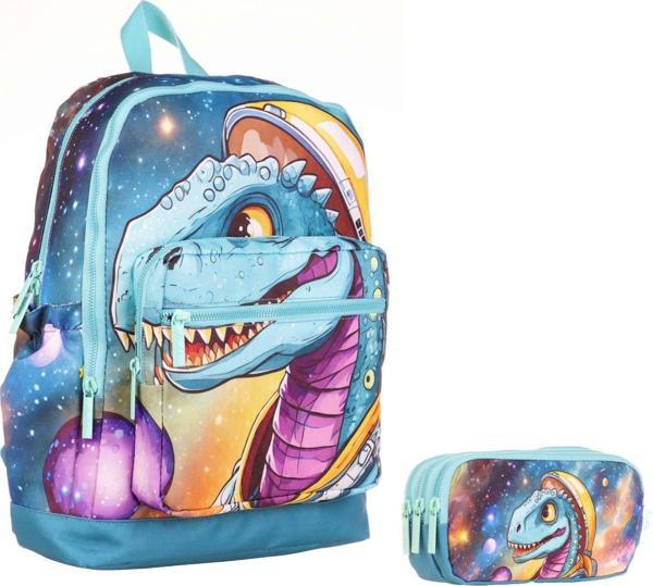 Kaukko Turkuaz Dinazor Okul Sırt Çantası ve Kalemlik Seti - Erkek Çocuk - Image 1