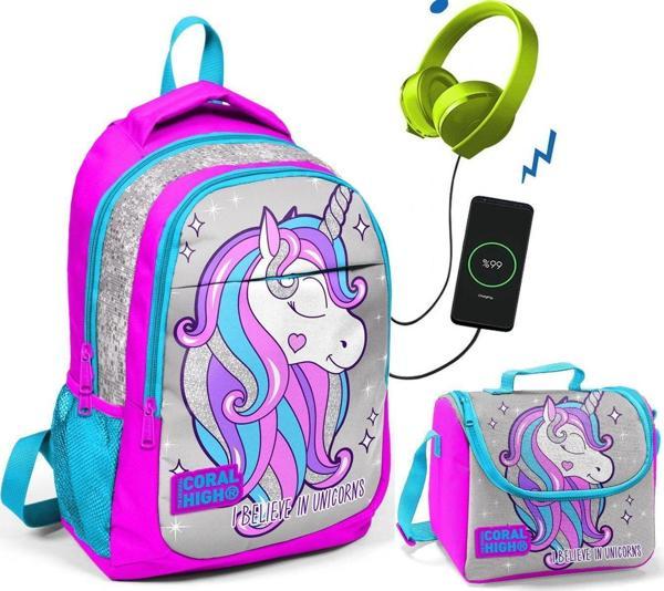 Coral High Pembe Unicorn Okul ve Beslenme Çantası - Kız Çocuk  - USB Soketli - Image 1