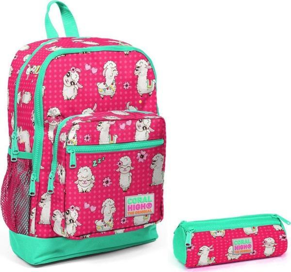Coral High Pembe Yeşil Kuzu Baskılı Okul Sırt Çantası ve Kalemlik Takım - Kız Çocuk - Image 1