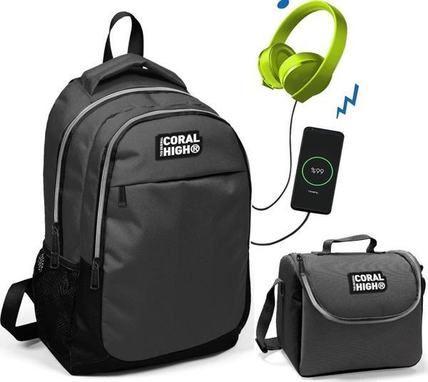 Coral High Siyah-Gri Okul ve Beslenme Çantası - Erkek Çocuk  - USB Soketli - Image 1