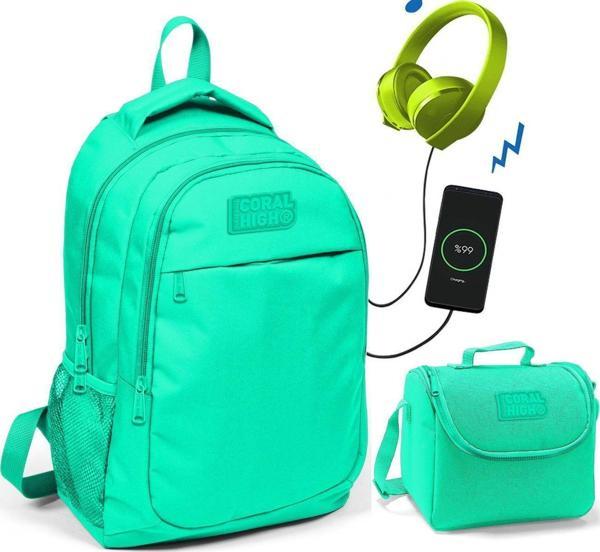 Coral High Su Yeşili Okul ve Beslenme Çantası - Kız Çocuk  - USB Soketli - Image 1