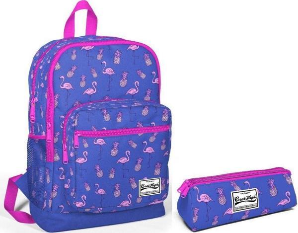 Dört Gözlü İlkokul Sırt Çantası ve Kalemlik Seti - Kız Çocuk Mavi-Pembe Flamingolar - Image 1