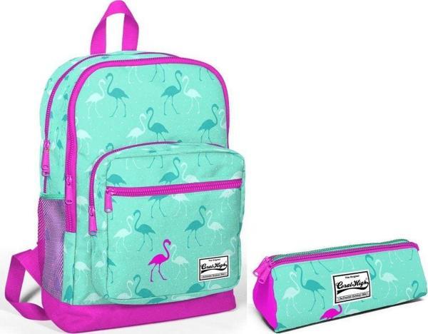 Dört Gözlü İlkokul Sırt Çantası ve Kalemlik Seti - Kız Çocuk Yeşil Flamingo - Image 1