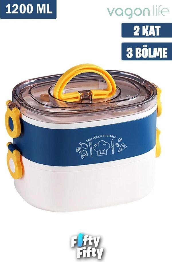 Vagonlife 1200 ML İki Kat Üç Bölme Paslanmaz Çelik Bento Lunch Box Yeni Nesil Sefer Tası-ÇatallıKaşık-FFLBOX50251 - Image 1