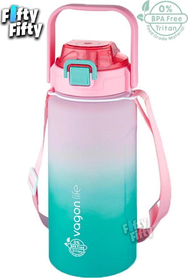 Vagonlife Tritan 1500ml Askılı-Pipetli/Pipetsiz Kullanım Çift Renk SoftTouch Motivasyon Matarası Çıkartma Hediyeli - Image 1