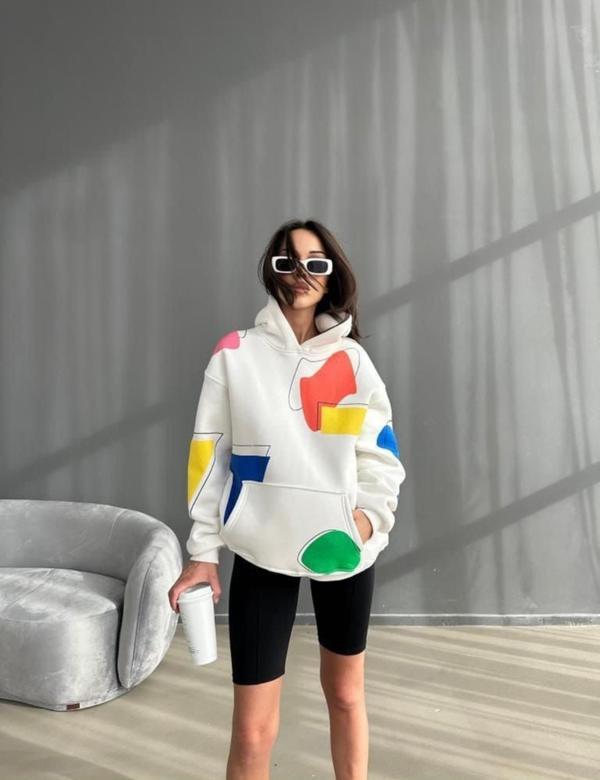 LAVESSA BASKILI KAPÜŞONLU ÇİFTLER İÇİN  SWEAT - BEYAZ RENK - Image 1