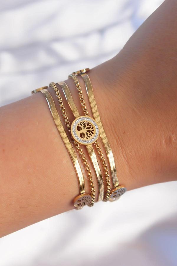 316L Çelik Gold Renk İtalyan Zincir Detaylı Zirkon Taşlı Yaşam Ağacı Tasarımlı Çoklu Bileklik - EBJ240807W25659 - Image 1