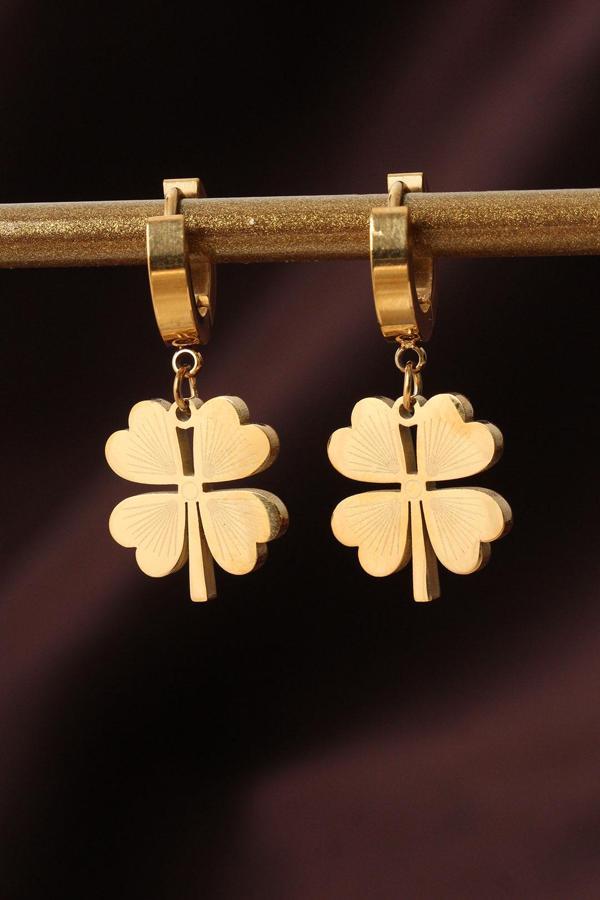 316L Çelik Gold Renk Yonca Küpe - EBJ240807W25542 - Image 1