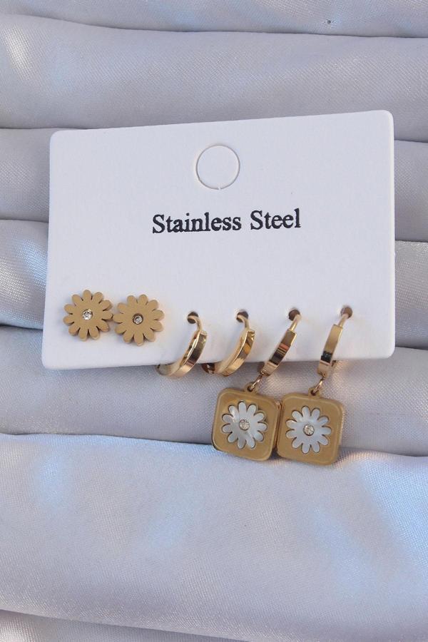 316L Çelik Gold Renk Zirkon Taşlı Sedefli Papatya Model Halka Küpe Seti - EBJ240807W25609 - Image 1