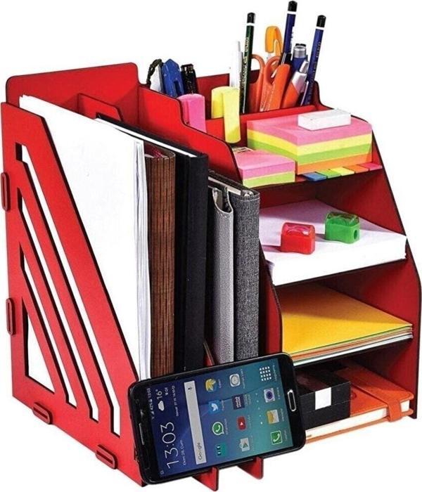 Evrak Rafı Pratik Masa Üstü Düzenleyici Ahşap Organizer Kırmızı - Image 1