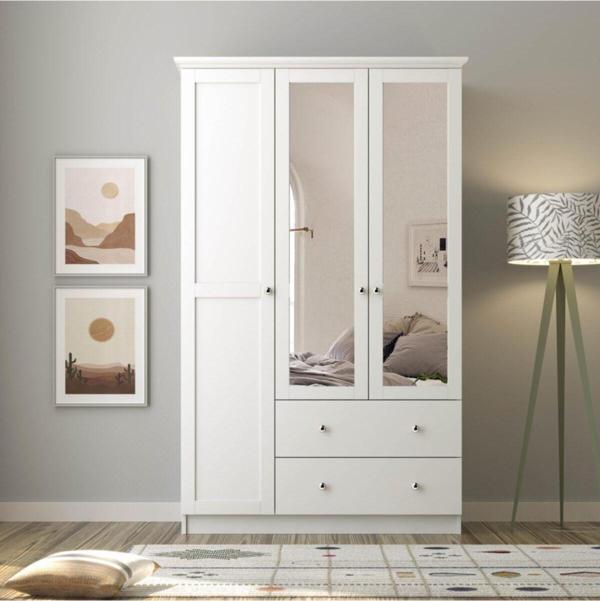 Zenio Side 3 Kapak 2 Çekmece Aynalı Gardırop  Beyaz - Image 1